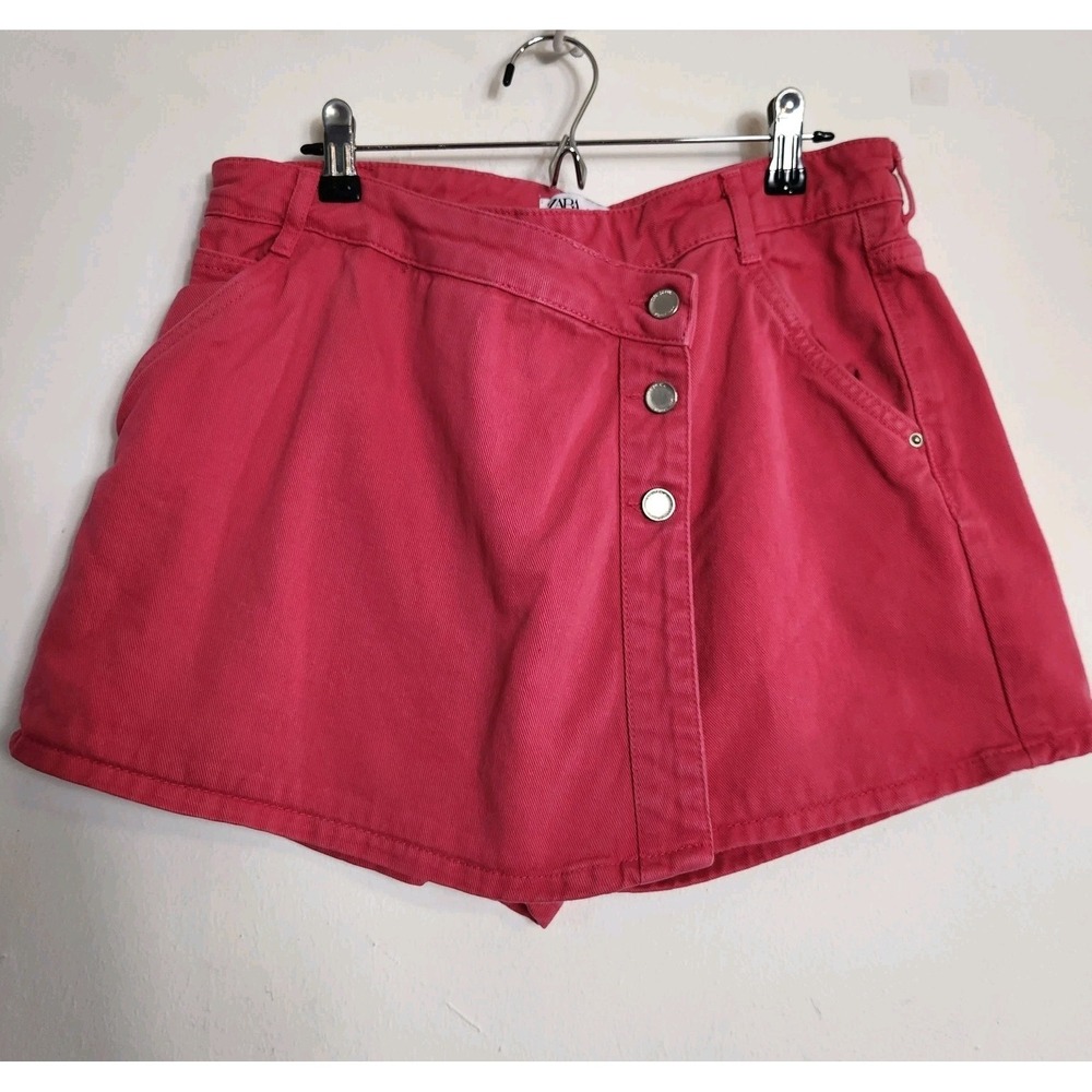 Zara Pink Skort Women Large Wrap Front Button Accent Denim Cotton L Shorts Y2K